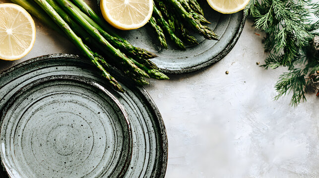 Elegant asparagus and lemon presentation on rustic plates top view.