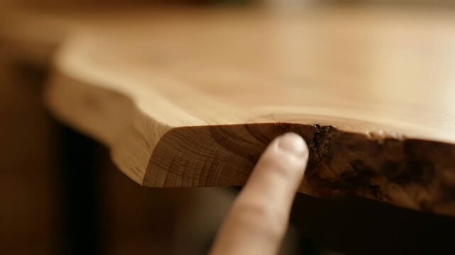 Eco office design, a finger gently traces the live edge of a handcrafted wooden desk, highlighting natural materials, sustainable craftsmanship, and organic texture in soft, warm light.