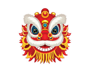 Naklejka premium Vibrant Red and Gold Chinese Lion Dance Head with Expressive Eyes and Majestic Mane