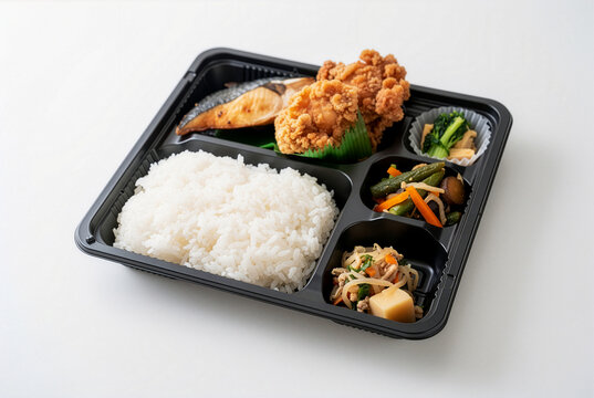 黒いプラスチック容器に唐揚げ・焼き魚・白米・野菜副菜を詰めた豪華な日本式テイクアウト幕の内弁当