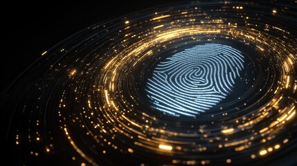 Biometric security and digital identity concept with glowing fingerprint icon on circuit background, futuristic technology for data protection and cyber security access