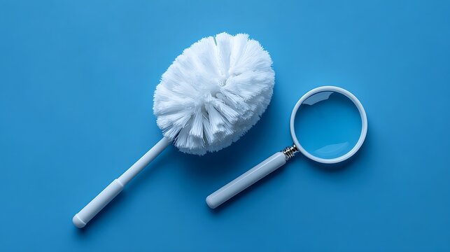 White Cleaning Brushes on Blue Background / 青背景に置かれた白い掃除用ブラシと鏡