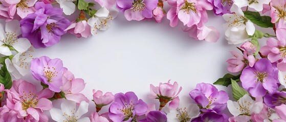 Beautiful Cherry Blossom and Purple Flower Frame Around Central Copy Space on Light Background for Spring Season Wedding Invitation and Romantic Mother's Day Greeting Design