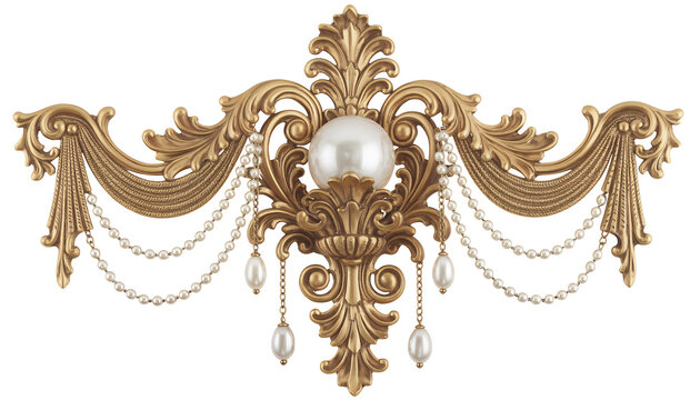 Gold ornate sconce with pearl decorations and chains isolated on a transparent background