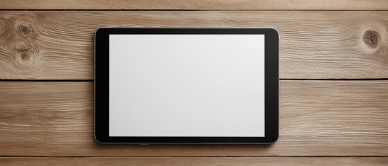 Black digital tablet with blank white screen mockup on natural brown wooden table background for presentation design or app showcase with copy space in horizontal orientation