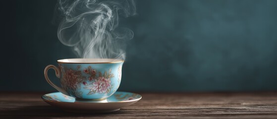 Elegant vintage light blue porcelain tea cup with floral pattern and rising steam on rustic wooden table against a dark moody atmospheric background with empty copy space
