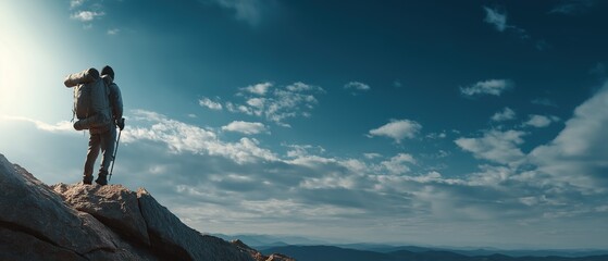 Professional mountain climber with trekking poles and gear looking at a vast mountain range under a clear blue sky, panoramic view of hiking and outdoor recreation in the wilderness