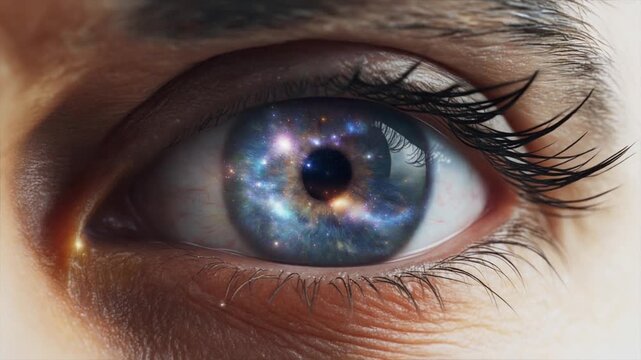 Cosmic Gaze: An eye reveals a universe of wonder, capturing the vastness and mystery of the cosmos reflected within a human's window to the soul.