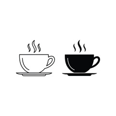 Obraz premium Cup of coffee or tea with steam, vector line icon black on white