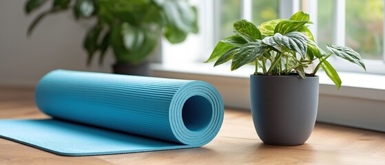 Blue yoga mat rolled on light wood floor next to green potted houseplants near window, home fitness and wellness concept for meditation, exercise, and morning stretching routine.