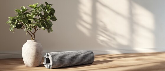Zen interior with gray yoga mat on bright wooden floor, minimalist room with sunlight shadows on wall and green tree in ceramic pot, serene atmosphere for yoga and mindfulness.