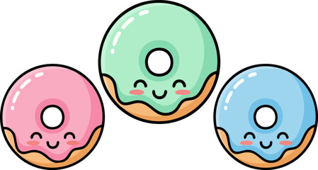 Three cute kawaii style donuts with pastel colored icing and happy smiling faces, isolated on a transparent background. Each donut features a different pastel color: pink, mint green
