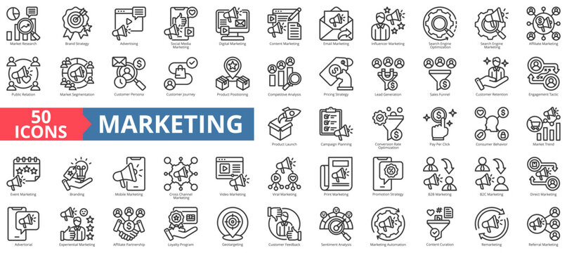 marketing icon pack outline contains customer persona, sentiment analysis, engagement tactic, content curation, loyalty program, customer journey, lead generation, public relation, geo targeting