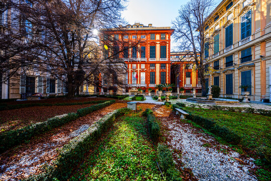 Formal garden courtyard at Palazzo Doria Tursi in Genoa