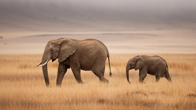 African elephant mother and calf walking in savannah grassland.