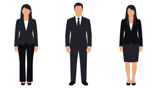 Professional business people in formal suits. Flat vector icons of men and women in black corporate attire standing on white background.