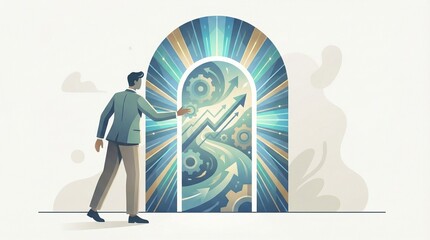 Fototapeta premium Man Opening Door to Business Growth, Opportunity, and Future Success