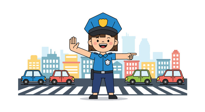 Young child dressed as police officer directing traffic in city street scene. Kids future law enforcement and public safety profession dream educational concept illustration
