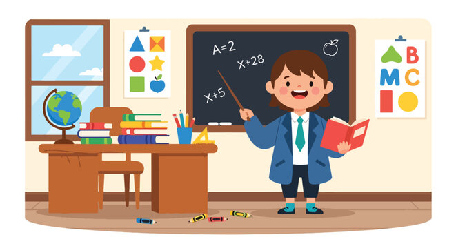 Cute child dressed as school teacher holding book in classroom with blackboard and desk. Kids dreaming about education profession and teaching career future aspiration concept