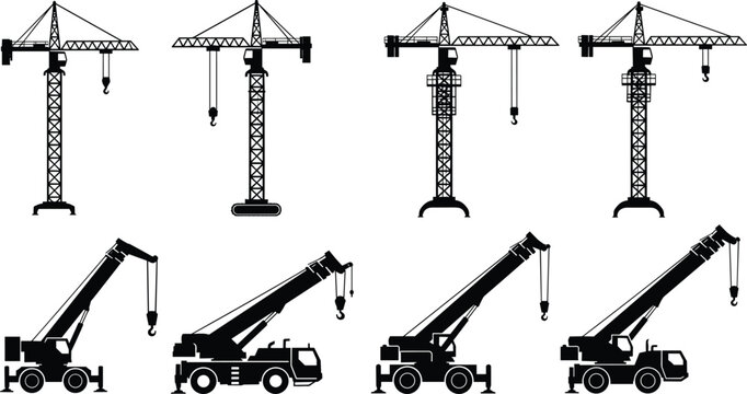 Set of black silhouettes of tower cranes and mobile cranes isolated on white background, construction machinery vector icons for building sites and engineering projects.