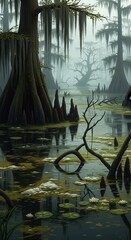 Obraz premium Mystical cypress trees rise from murky swamp waters draped in hanging moss