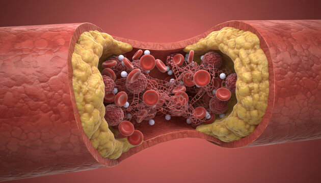 Medical illustration of cholesterol plaque and blood clot in an artery