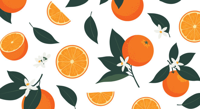 Seamless orange citrus pattern vector with sliced fruits, green leaves, and white blossoms for packaging and background design