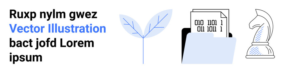 Naklejka premium Business growth, data organization, strategy planning, sustainability, decision-making, digital solutions. Leaf, folder with binary data chess knight. Strategy planning and data organization