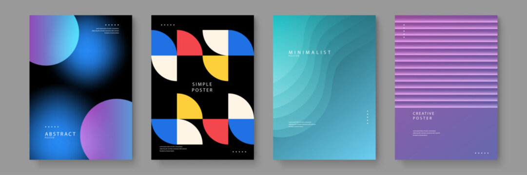 Set of four professional posters featuring abstract shapes gradient circles minimalist waves and creative purple lines on dark backgrounds