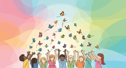 Diverse group of people releasing colorful butterflies.