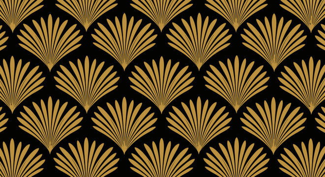Elegant Art Deco seamless pattern featuring golden fan motifs on a black background, creating a luxurious and classic design.