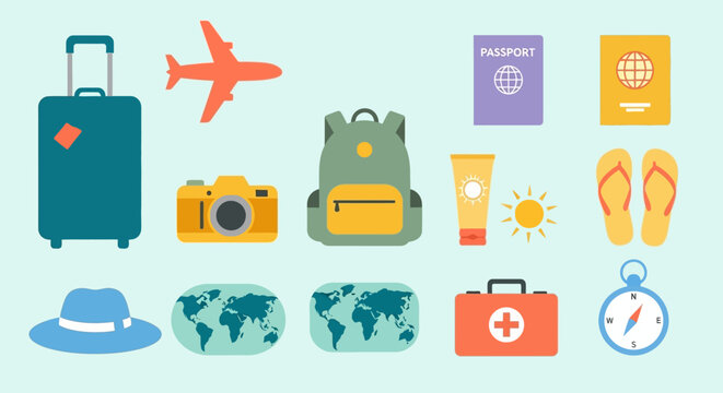 A collection of essential travel items including luggage, airplane, passports, camera, backpack, and maps on a light blue background.