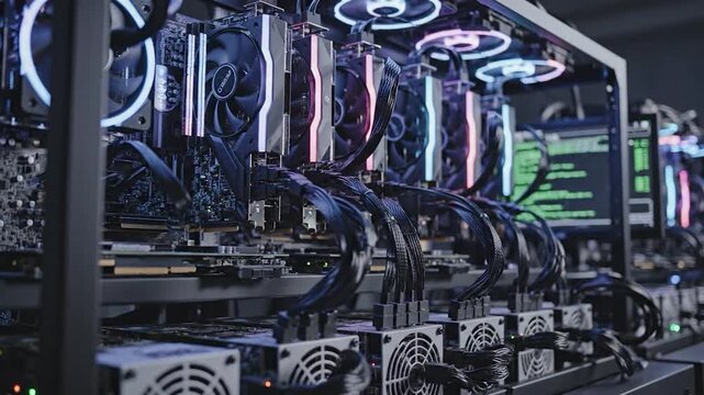 A powerful cryptocurrency mining rig with multiple GPUs working.