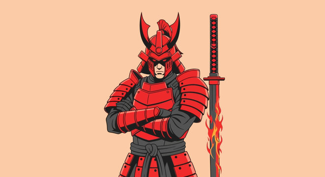 Illustration of a formidable samurai warrior in striking red armor, standing proudly with a flaming katana sword against a simple background.