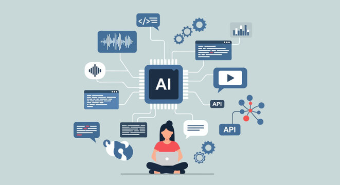 A woman interacts with an artificial intelligence system, surrounded by various digital data types and programming elements, illustrating modern technology and machine learning concepts.