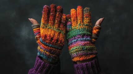 Emotive portrait of expressive female hands with minimal jewelry wearing artisanal mittens created from repurposed yarn in eclectic mixture of colors and textures including mohair, wool and alpaca