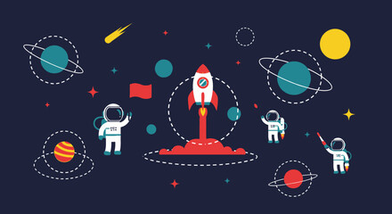 Flat design illustration of a rocket launching into space with astronauts, planets, and stars. © Ira Project