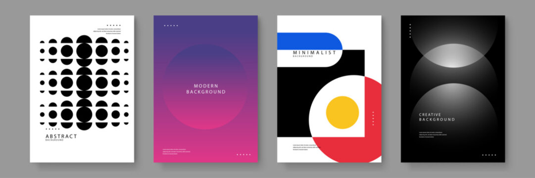 A professional collection of four vertical posters featuring minimalist Bauhaus styles gradients and monochromatic geometric patterns for modern decor
