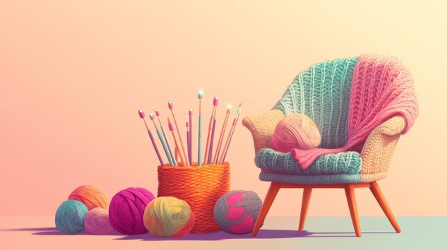 Vector illustration of specialized knitting equipment featuring large-print pattern cards oversized ergonomic needles with LED lights yarn organizer with color-coded sections comfortable chair with