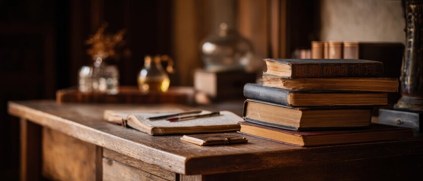 Vintage books and writing supplies on wooden desk