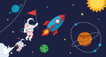 Cartoon illustration of astronauts exploring space with a rocket, planets, and stars in a vibrant cosmic scene. © Ira Project