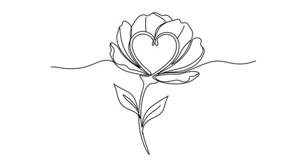 Minimalist line art rose with heart center on white background for love and romance concepts