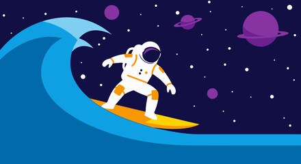 Astronaut surfing on a wave in outer space with planets. © Ira Project