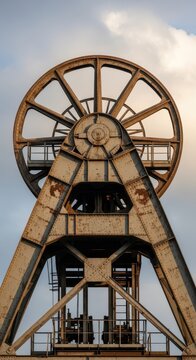 Massive weathered industrial headframe structure dominates the sky with large sheave wheel.