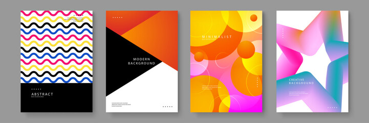 Obraz premium A set of four creative poster templates featuring colorful wave patterns geometric triangles vibrant circles and 3D fluid star shapes for modern branding