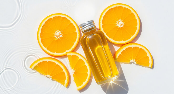 Natural vitamin C serum bottle with fresh orange slices on white background