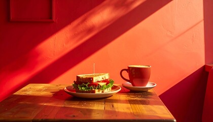 片側にくすみのあるマットレッドの壁を配した、70年代ムード漂うレトロカフェ空間。