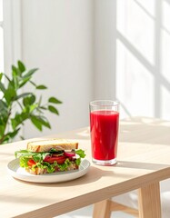 淡い木製テーブルの上に、赤いベリージュースのグラスとフレッシュ野菜のオープンサンドを配置した、ミニマルな夏のカフェシーン。
背景にはオフホワイトの壁と窓辺の柔らかなグリーンが広がり、軽やかな空気感を演出します。