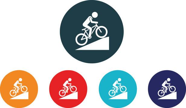 Bicycle rider icons display various colors for extreme downhill mountain biking sports activity.