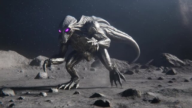 An alien creature with glowing purple eyes stands poised on a desolate moon surface